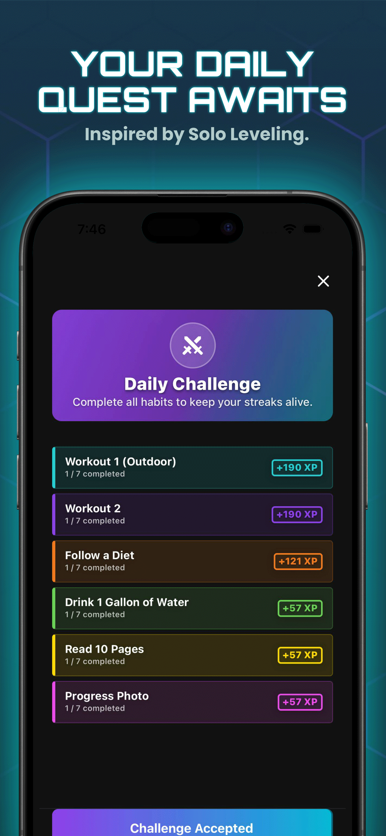 75 Hard daily challenge checklist in HabitForge - all 5 tasks