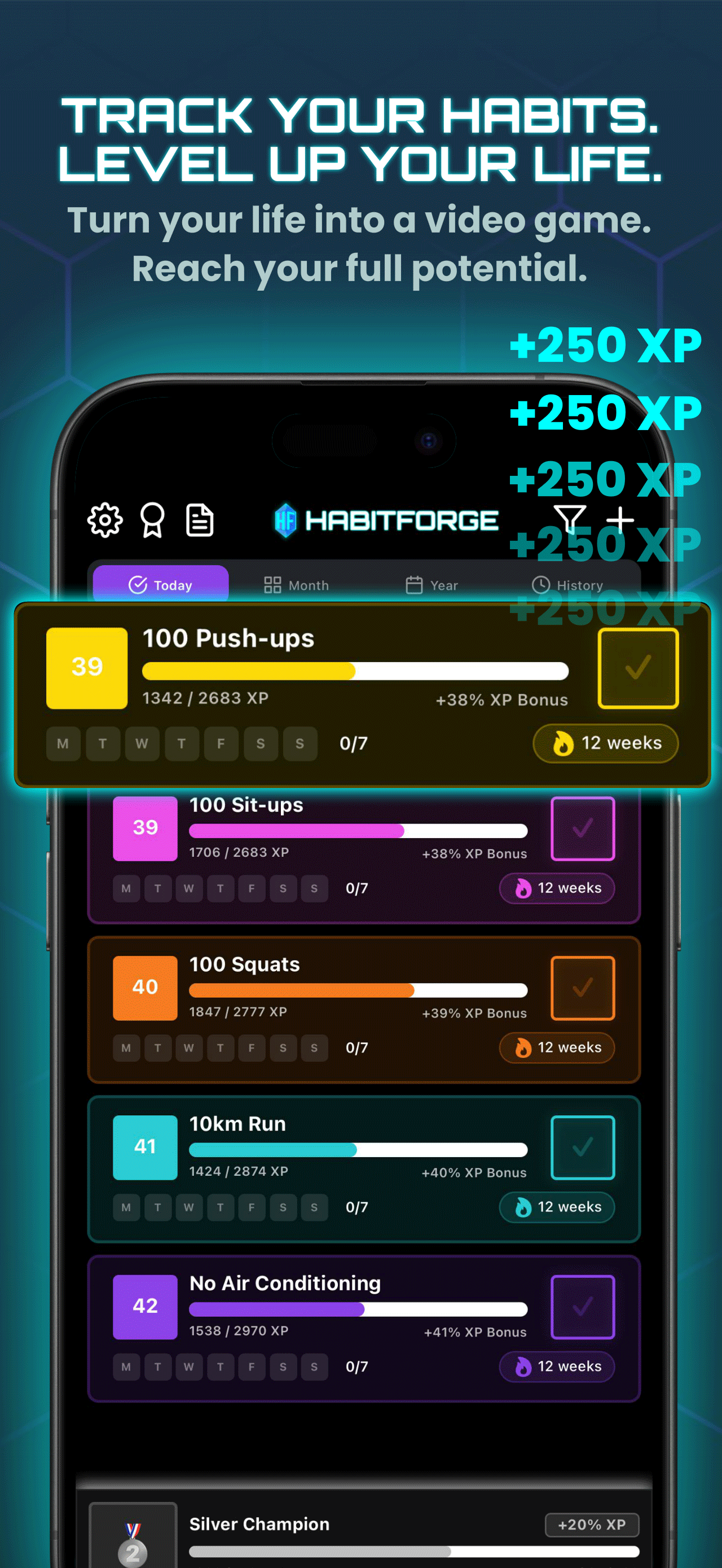 One Punch Man workout tracked in HabitForge with XP and streaks